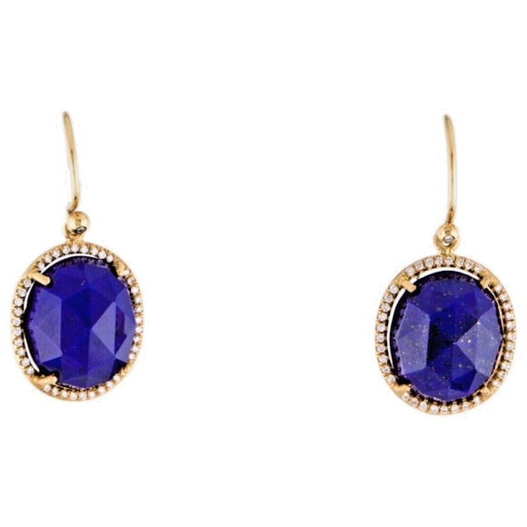 Designer IRENE NEUWIRTH 18K Yellow Gold Oval Lapis Lazuli Diamond Drop Earrings - Picture 6 of 15